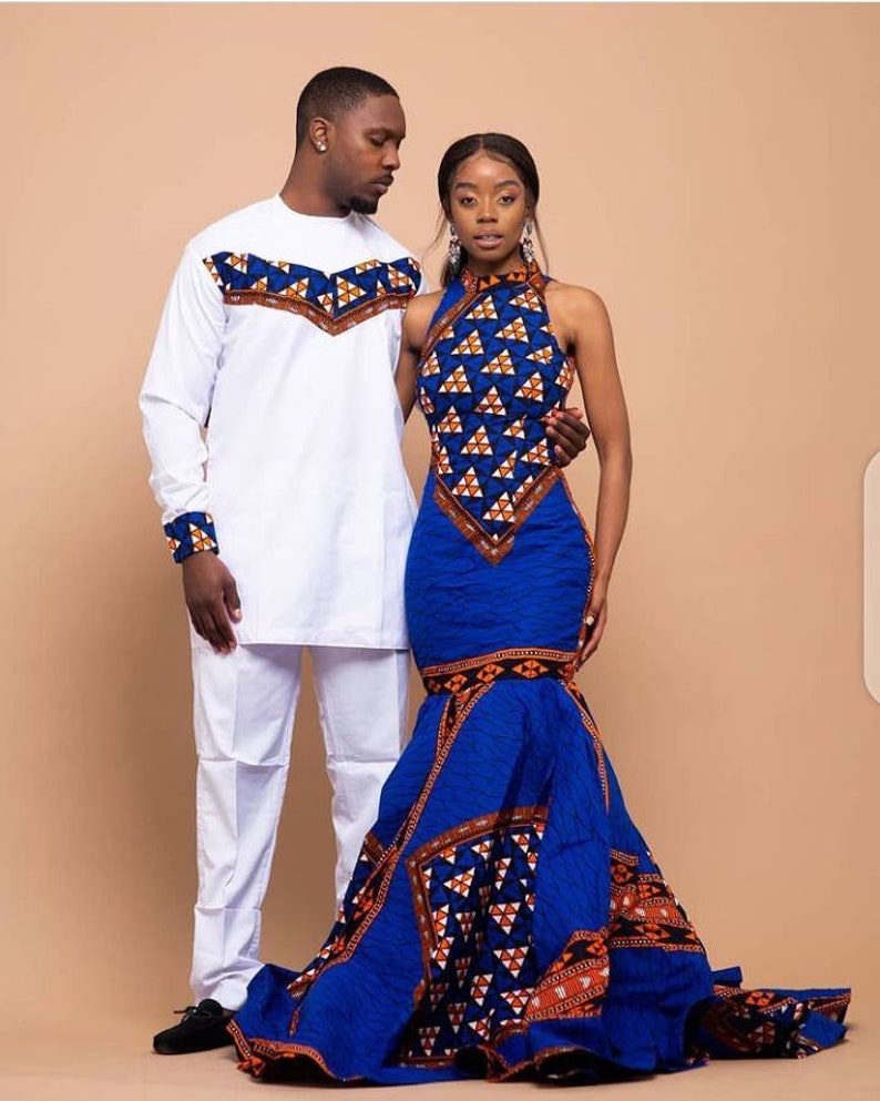 African Print Couple Wedding Attire, African Couples Matching Outfit, African Couples Clothing,African Print Couples Clothing For Photoshoot image 1