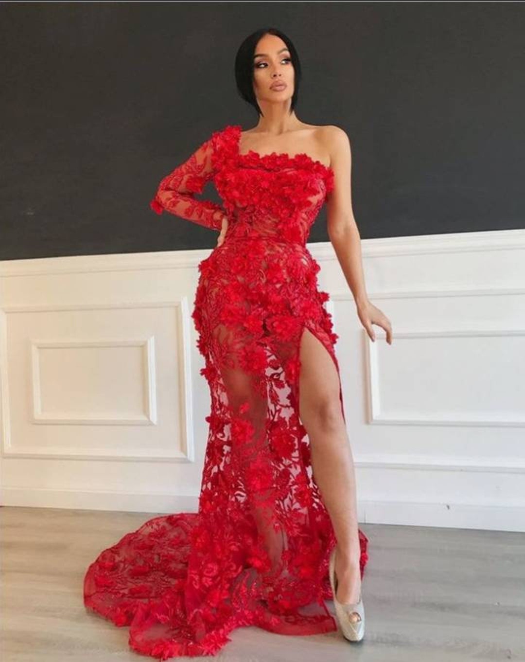 Trumpet Mermaid Red Lace Long Sleeve Formal Evening Dresses -  TheCelebrityDresses