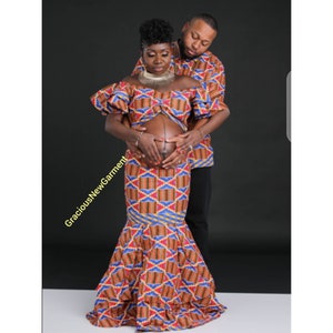 African Couples Matching Maternity Outfit For Photoshoot, African Couples Matching Maternity Clothing,African Print Maternity Skirt Set image 2