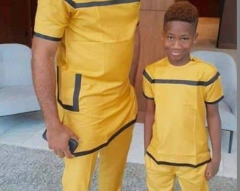 Yellow African Dad and Son Native Suit, African Daddy and Me Matching Outfit,African Two Pieces Daddy and Me Attire, African Men's Wear