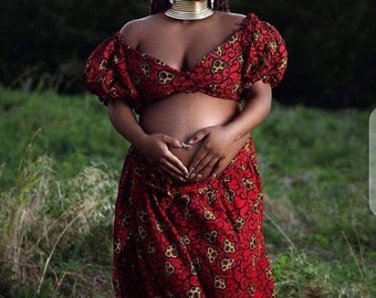 Red African Print Two Pieces Maternity Set,African Print Maternity Skirt Set,African Maternity Outfit For Photoshoot,African Maternity Cloth