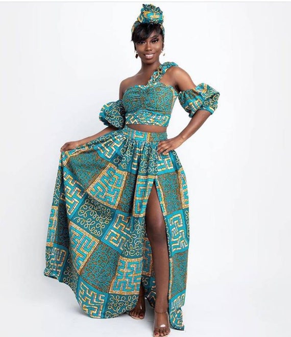 African Two Pieces Outfit, African Skirt Set, African Top and