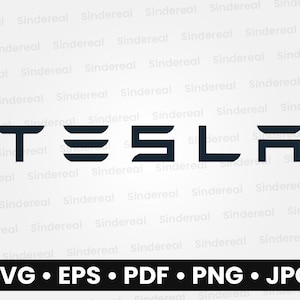 Op de afbeelding: Zwart-wit logo voor Tesla, een autobedrijf. Het logo is een gestileerde weergave van de letter "T" met een horizontale lijn erboven, gevolgd door de letters "E", "S", "L" en "A". Het logo is geplaatst tegen een witte achtergrond. De tekst "SVG • EPS • PDF • PNG • JPG" staat onder het logo.