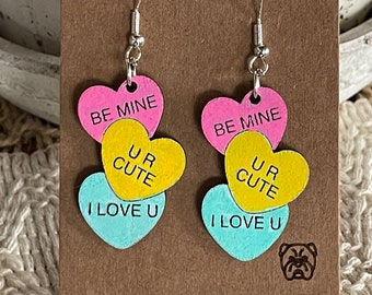 Valentines Day Earrings/ Candy Heart Earrings / Conversation Heart Earrings / Engraved Earrings