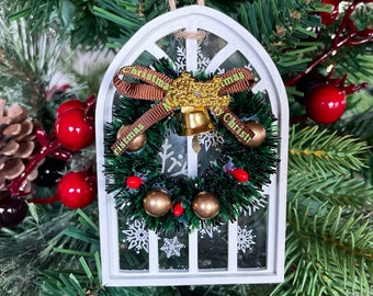 Window Christmas Ornament With Wreath / Ornament Exchange Gift / Arched Window Christmas Ornament