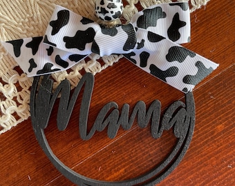 Mama Car Charm: Cow Print Ribbon, Rear View Mirror Ornament
