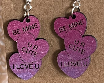 Valentines Day Earrings /Conversation Heart Earrings / Candy Heart Earrings / Engraved Earrings