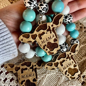 Mama Cow Head Wristlet Keychain: Cow Print & Teal Beads