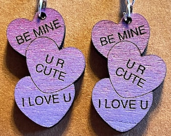 Valentines Day Earrings / Candy Heart Earrings / Conversation Heart Earrings / Engraved Earrings