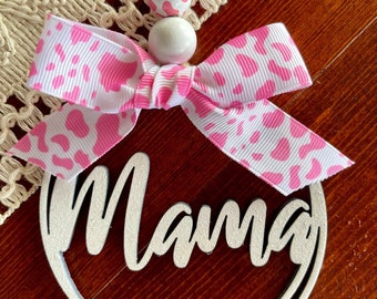 Mama Car Charm: Pink Cow Print Ribbon, Beaded Car Accessory