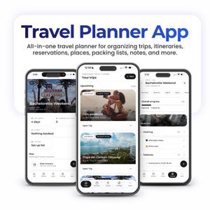 May include: Three smartphones displaying a Travel Planner App interface. The screens show trip details, including Bachelorette Weekend in Las Vegas, Girls Weekend, and Playa del Carmen Getaway, with lists for packing, itineraries, and reservations.