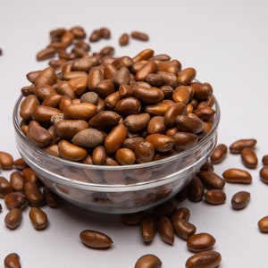 May include: A glass bowl filled with brown seeds, with more seeds scattered around the bowl on a white surface.