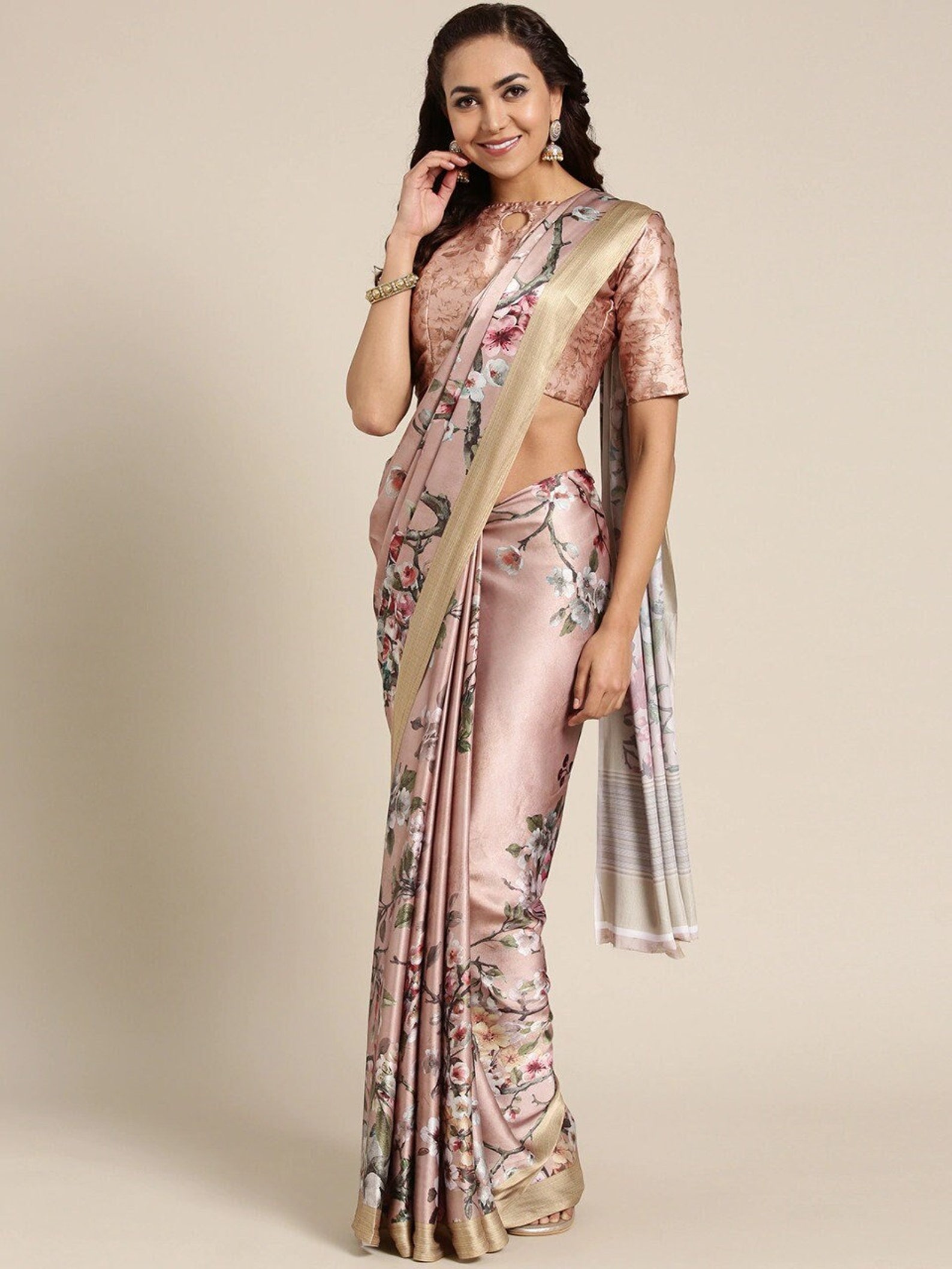 Japan Satin Saree With Printed Blouse unstitched Piece Etsy