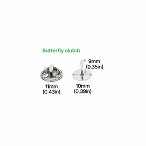 May include: Two silver-coloured butterfly clutch pin backs. One is 11mm wide, and the other is 10mm in diameter. The pin post is 9mm long. The text "Butterfly clutch" is above the objects.