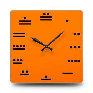 Maya Numerals SQUARE Orange Wall Clock, Acrylic, 10.75&#39;&#39; × 10.75&#39;&#39; Jumbo Square, 10.75&#39;&#39; × 10.75&#39;&#39; Jumbo Round,  8&#39;&#39; × 8&#39;&#39; Mini Round