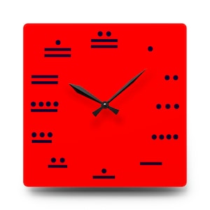 Maya Numerals SQUARE Red Wall Clock, Acrylic, 10.75&#39;&#39; × 10.75&#39;&#39; Jumbo Square, 10.75&#39;&#39; × 10.75&#39;&#39; Jumbo Round,  8&#39;&#39; × 8&#39;&#39; Mini, Mesoamerica