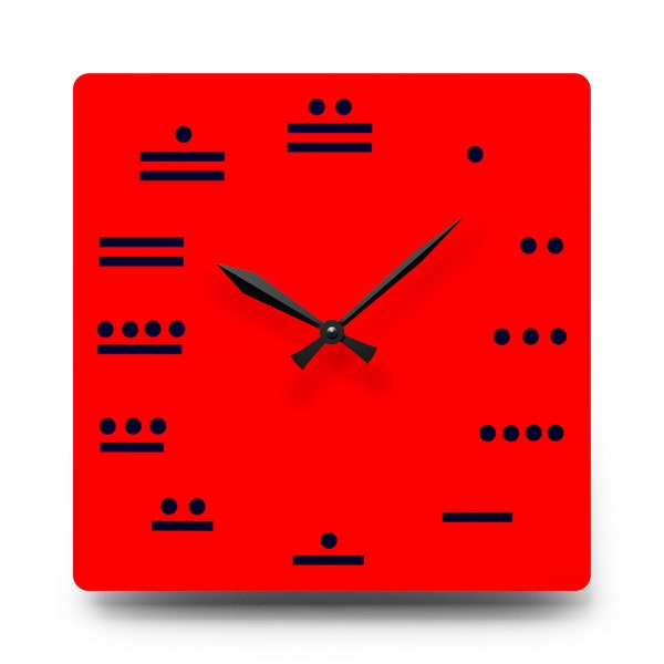 Horloge murale rouge Maya Numerals SQUARE, acrylique, carré géant 10,75'' × 10,75'', rond géant 10,75'' × 10,75'', mini 8'' × 8'', Méso-Amérique