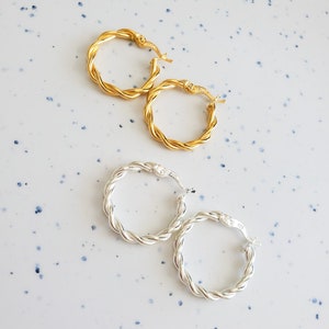925 Sterling Silver Twisted Hoop Earrings, 14k Gold Filled Huggie Hoops, 3mm Twist Hoops, Statement Earrings, Gift for Her