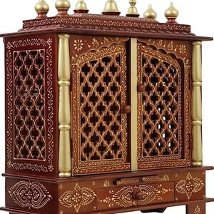 Wooden Temple Mandir Handicraft  Window Pooja GharIndian Handcrafted Wooden Hanging Temple With Door, Mandap For Worship Home &OfficeDecor