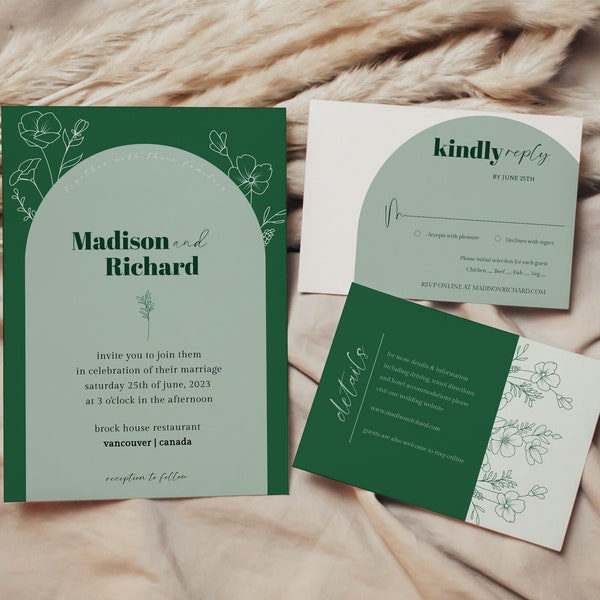 Arch Green Wedding Invitation Suite, Arched Greenery Editable Wedding Invite Template, Floral Botanical Wedding Invitation Set, BT-1