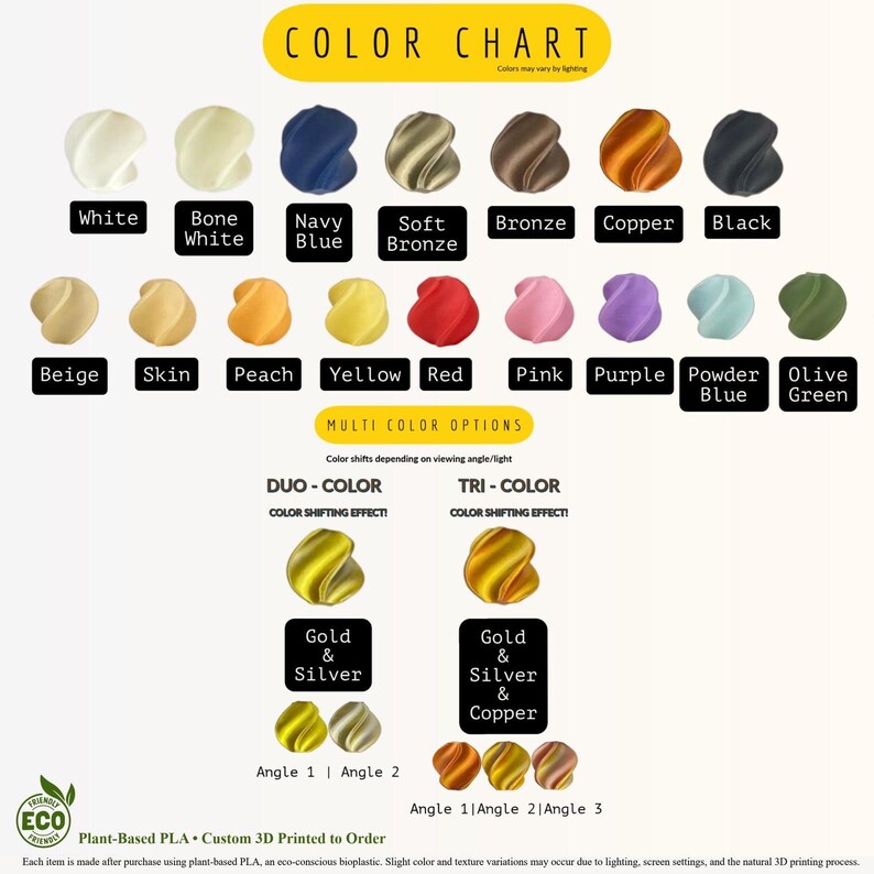 May include: A color chart displaying various filament options for 3D printing. The chart includes solid colors like white, navy blue, bronze, copper, black, beige, peach, yellow, red, pink, purple, powder blue, and olive green, plus duo and tri-color options.