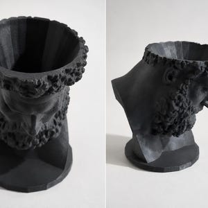 May include: A matte black planter shaped like a classical bust of a bearded figure. The top of the head is open, creating a cylindrical cavity for plants. The sculpture features detailed facial hair and hair textures, resting on a circular base.