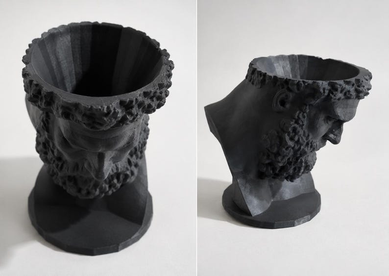 May include: A matte black planter shaped like a classical bust of a bearded figure. The top of the head is open, creating a cylindrical cavity for plants. The sculpture features detailed facial hair and hair textures, resting on a circular base.