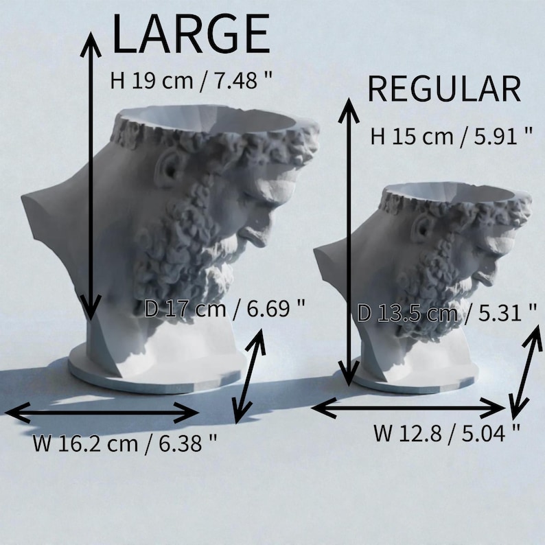 May include: Two white head-shaped planters labeled LARGE and REGULAR. The LARGE planter is 7.48 inches high, 6.69 inches deep, and 6.38 inches wide. The REGULAR planter is 5.91 inches high, 5.31 inches deep, and 5.04 inches wide.