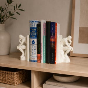 Puede incluir: Soportes para libros blancos con una escultura de una persona pensante, sosteniendo una fila de libros. Los libros tienen lomos coloridos con títulos como "There Are Rivers in the Sky" e "In Our Time of Innocence".