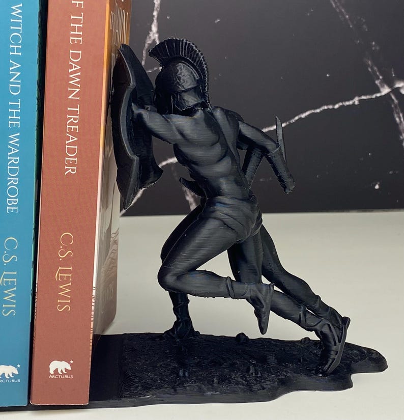 Spartan bookend — Ancient Times Greek warrior gladiator shelf decor and book holder, 3D-printed PLA with minimalist marble look; available as single or set of 2. Unique Gift for him or her; perfect for home office or library, keeps books upright.