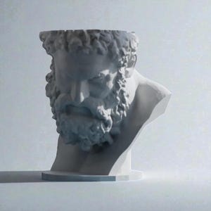 May include: A white sculptural planter shaped like the head of a bearded man with curly hair. The top of the head is open, creating a hollow vessel for plants. The sculpture features detailed facial features, including a thick beard and mustache.