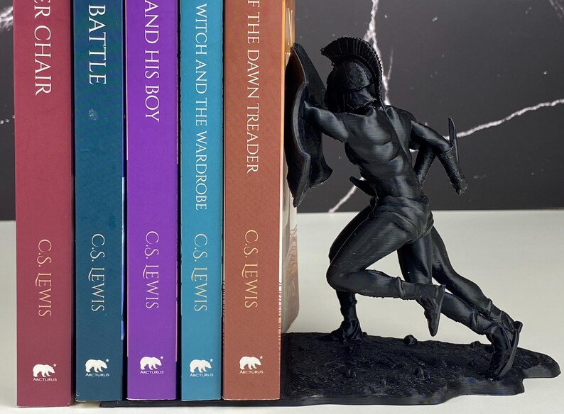 Spartan bookend — Ancient Times Greek warrior gladiator shelf decor and book holder, 3D-printed PLA with minimalist marble look; available as single or set of 2. Unique Gift for him or her; perfect for home office or library, keeps books upright.