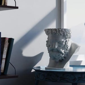May include: A light gray sculptural planter shaped like the head of a bearded man with curly hair. The hollow bust features detailed facial features including a prominent brow, deep-set eyes, and a thick beard, serving as a decorative container.