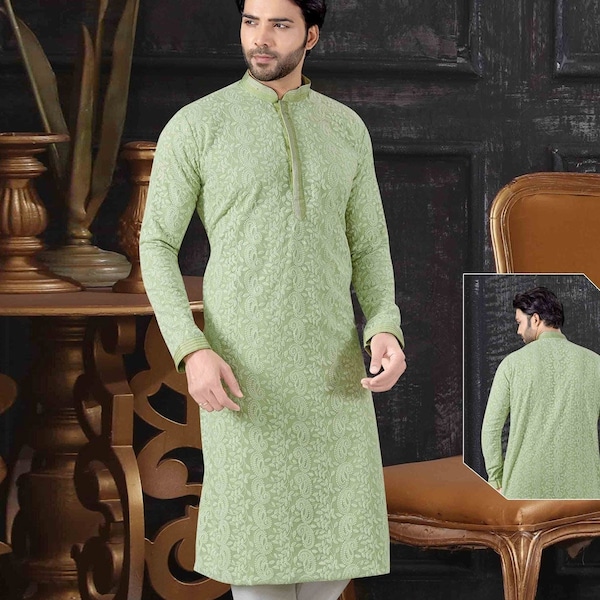Light Green Chikan Readymade Kurta Pajama, Lucknowi Chikankari Men's Kurta Pajama Set, Man Kurta Pajama, Wedding Dress For Man, Eid Gift,