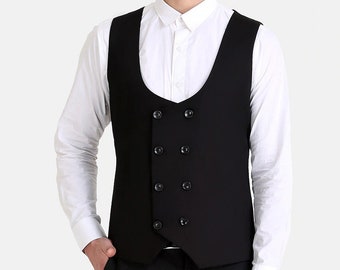 Men's Men Black Solid Double Breasted Pure Cotton Waistcoat, Formal Waist Coat for Men, Wedding Mens Vest, Groom Vest, Grooms Men Vest