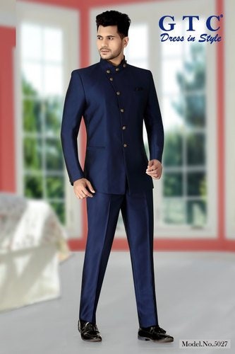 Buy Dark Blue Self Weaved Bandhgala Indo Western Online in India @Manyavar  - Suit Set for Men