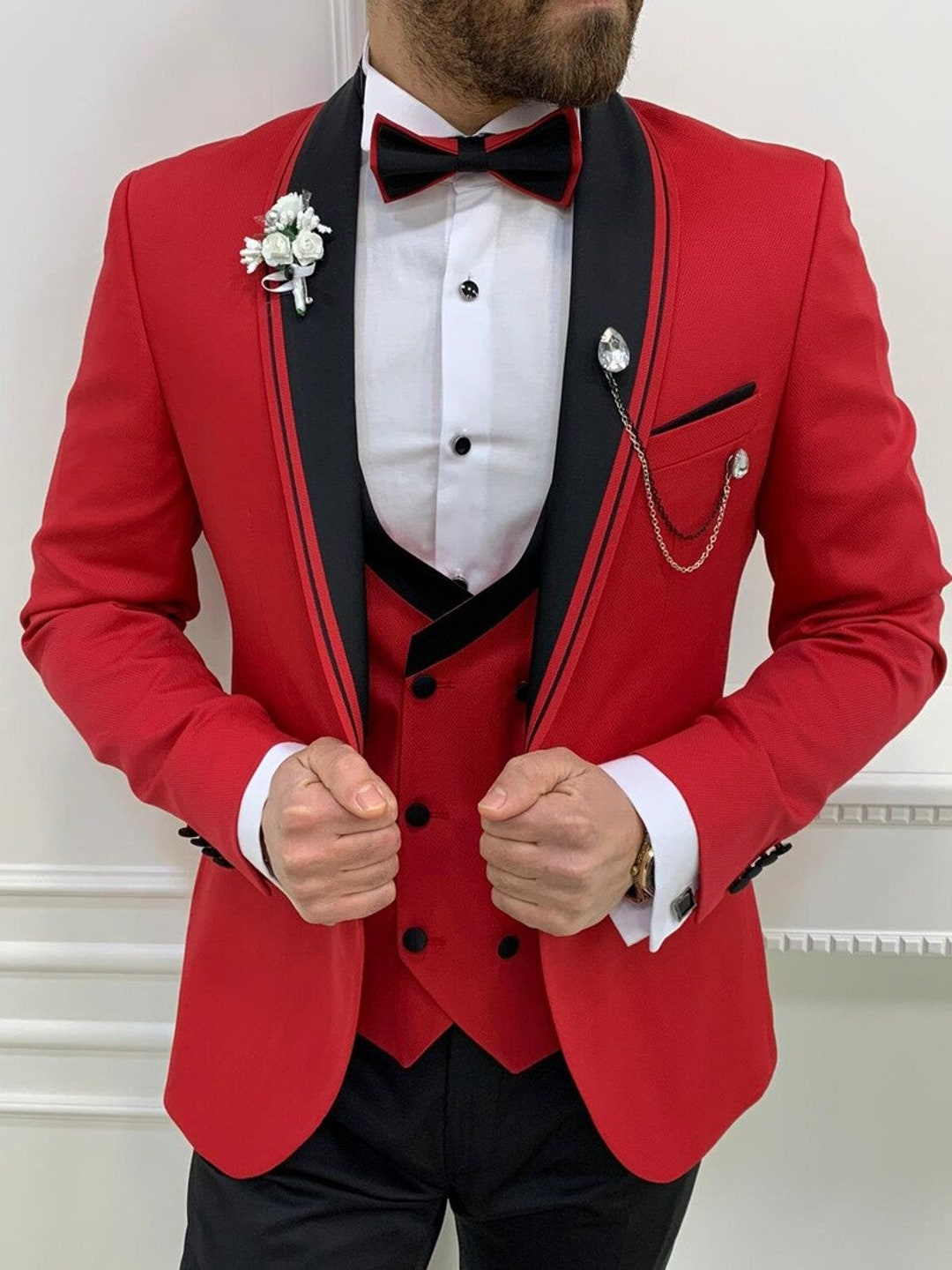 Men Red Suits Red 3 Piece Slim Fit One Button Wedding Groom - Etsy