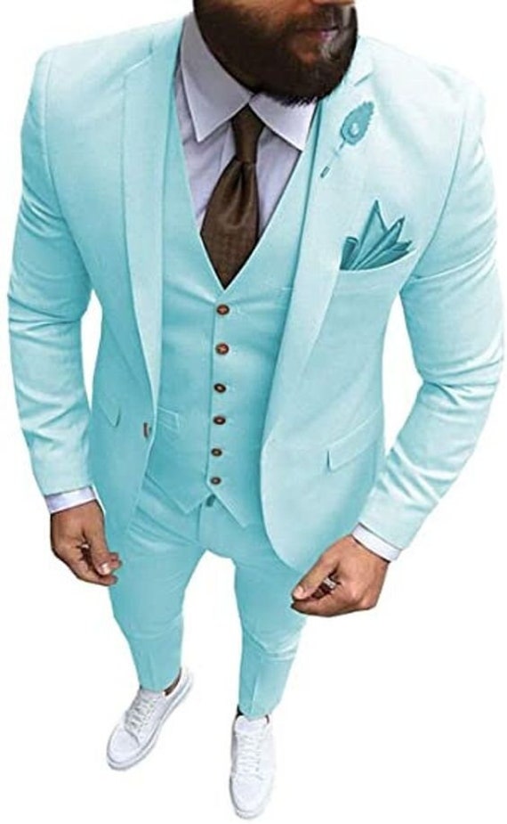Trajes de hombre Traje de boda en la playa azul cielo de 3 piezas Trajes de novio Trajes de boda Trajes de hombre Trajes de fiesta para hombres Traje