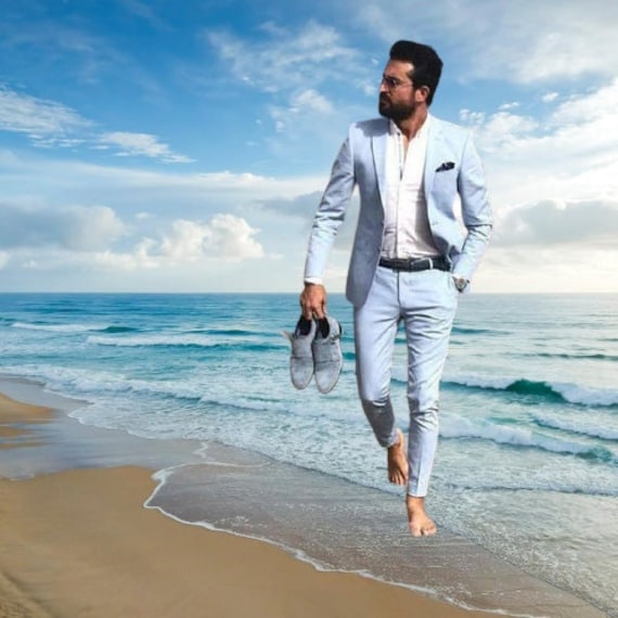 Ocean Blue Linen Summer Beach Groom Wedding Suits | Casual Man Blazer  Tuxedo | Allaboutsuit
