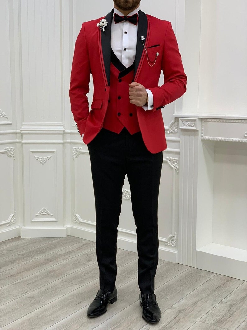 Men Red Suits Red 3 Piece Slim Fit One Button Wedding Groom Party Wear