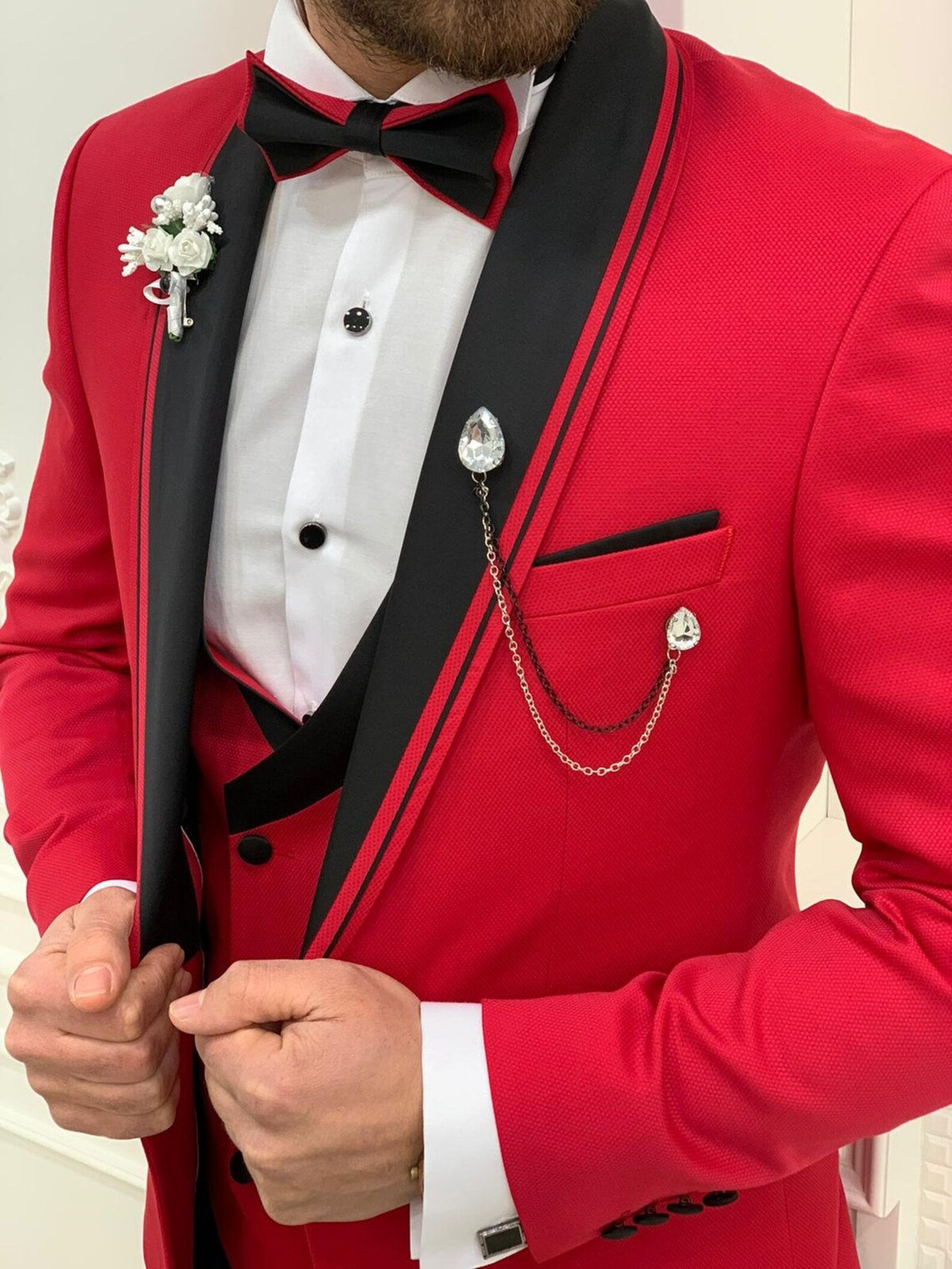 Men Red Suits Red 3 Piece Slim Fit One Button Wedding Groom Party Wear Coat Pant, Plus Size Red