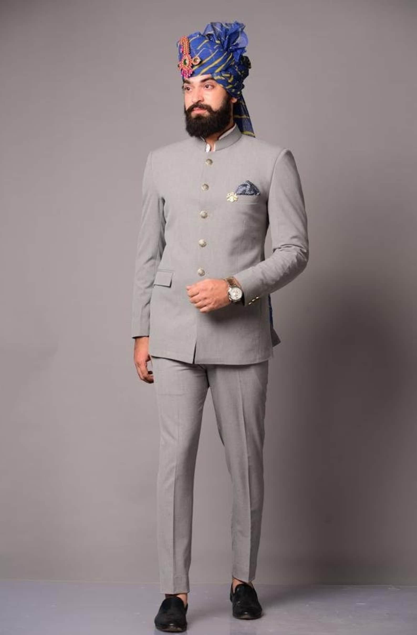 Indian Men's Light Grey Bandhgala Jodhpuri Suit Luxury Formal Fashion 2