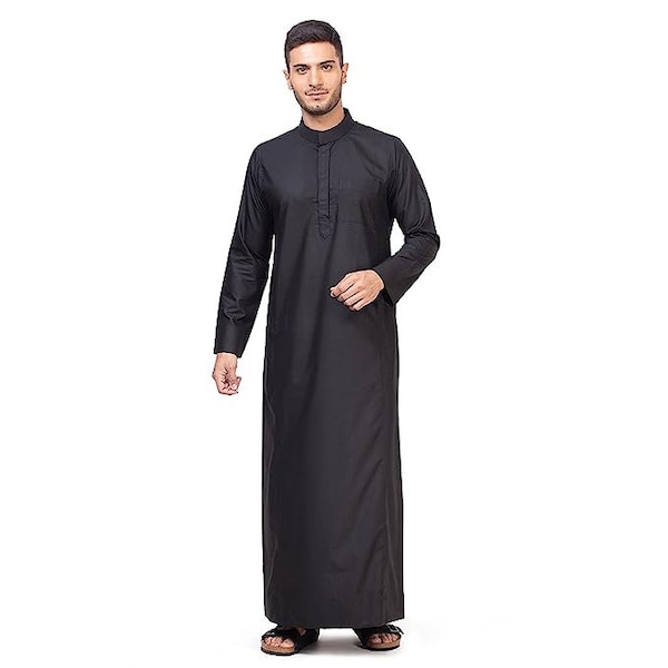 Black Men's Thobe Jubba Nehru Stand Collar Islamic Clothing Muslim Cotton Kaftan Embroidery Eid Robe Saudi, Arabic Jubbah New AAA Fabric
