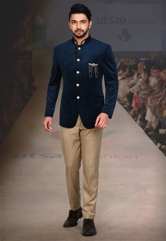 Buy Navy Blue Sequins Embroidered Velvet Jodhpuri Suit Online | Samyakk