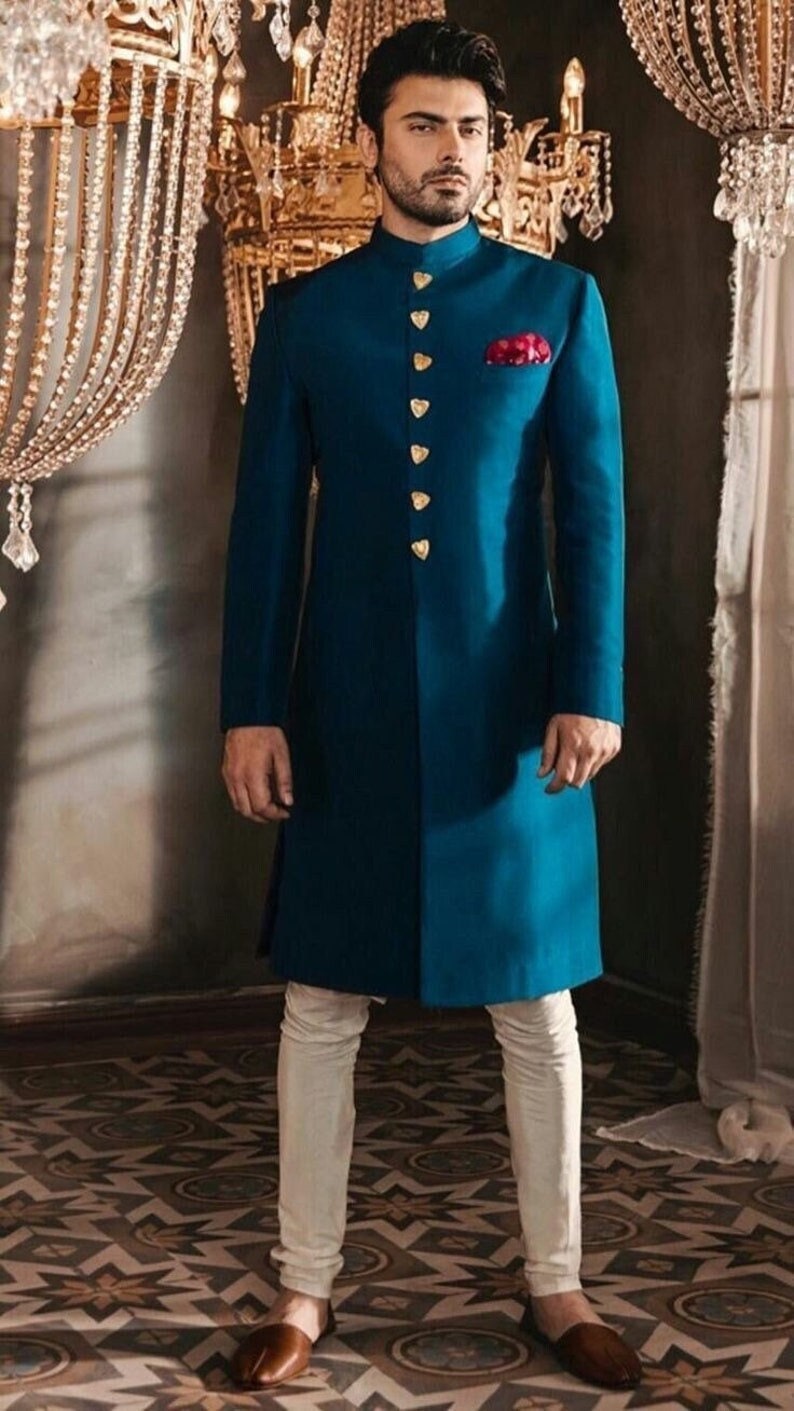 Hand Made Indian Sherwani for Men Blue Velvet Jhodpuri Achkan Etsy