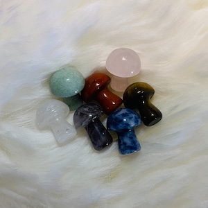 Op de afbeelding: Een verzameling van zeven kleine paddenstoelvormige kristallen beeldjes in verschillende kleuren, waaronder groen, roze, rood, bruin, blauw en wit. De beeldjes zijn in een groepje op een wit, pluche oppervlak gerangschikt.