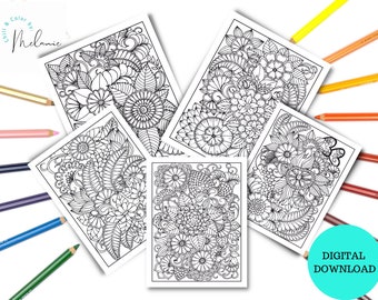 5 Floral Coloring Pages/Adults/Digital Download #1