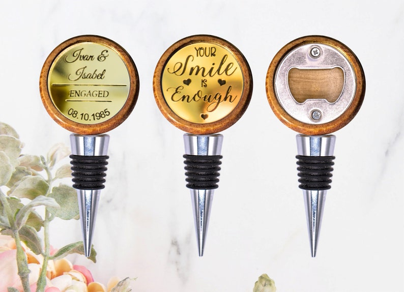 Personalized Wine Stoppers. Wine Stopper Gold Mirror Personalized Gift for Newly Engaged Couple. Unique Wine stopper and opener beer. Gift image 1