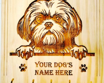 Personalized Wooden Wall-Mounted Key and Leash Organizer with Dog Breed Photo