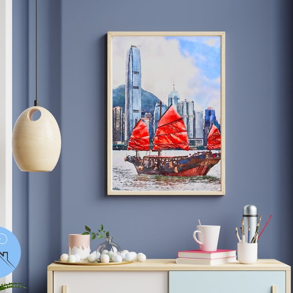 Hong Kong: Iconic Junk Boat IFC Tower Watercolour Digital Download, Printable Watercolor, Art Print, Wall Art, Poster